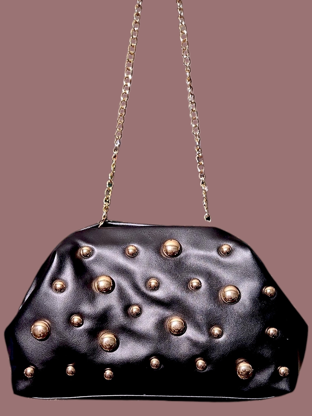 a new day Black Shoulder Bag with Gold Studs & Chain Strap